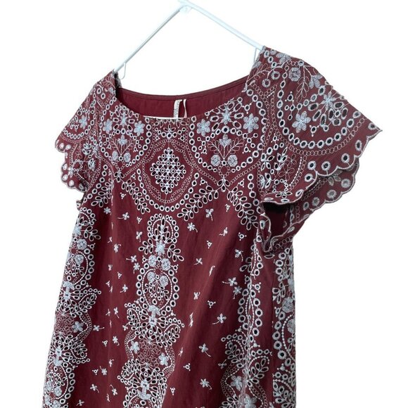 Anthropologie Feather & Bone Size S Embroidered Eyelet Ynez Dress Burgundy - Picture 10 of 11